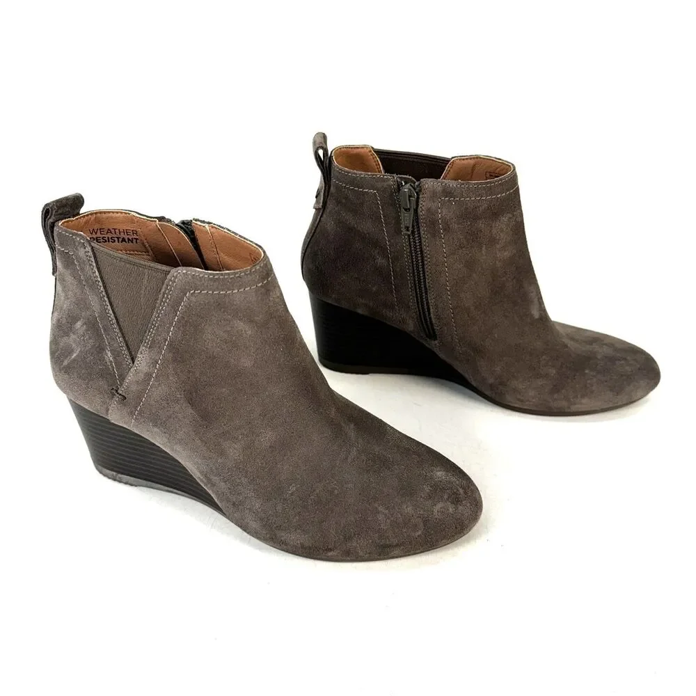 Vionic Ankle Booties Womens Size 6.5 Tan Wedge Suede Boots Zip Closure VW18411